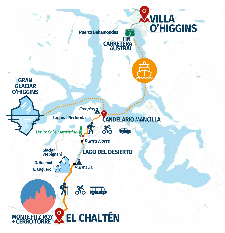 Mapa de la ruta El Chaltén – Candelario Mancilla – Villa O'Higgins por el paso fronterizo Dos Lagunas